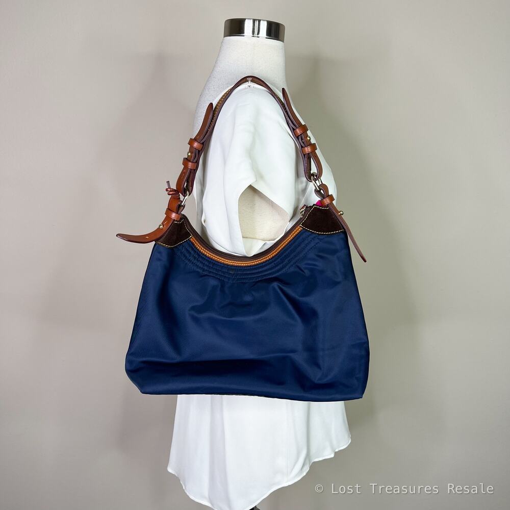 Dooney & Bourke | Erica Navy Blue Large Nylon Leather Trim Shoulder Bag Purse - Picture 6 of 7